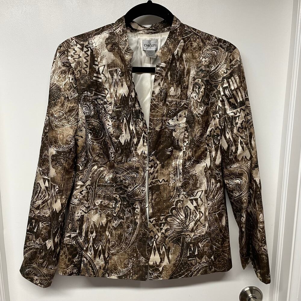 Chicos Womens Brown Cream Lightweight Silk Blend Satin Jacket Size Medium/1/8